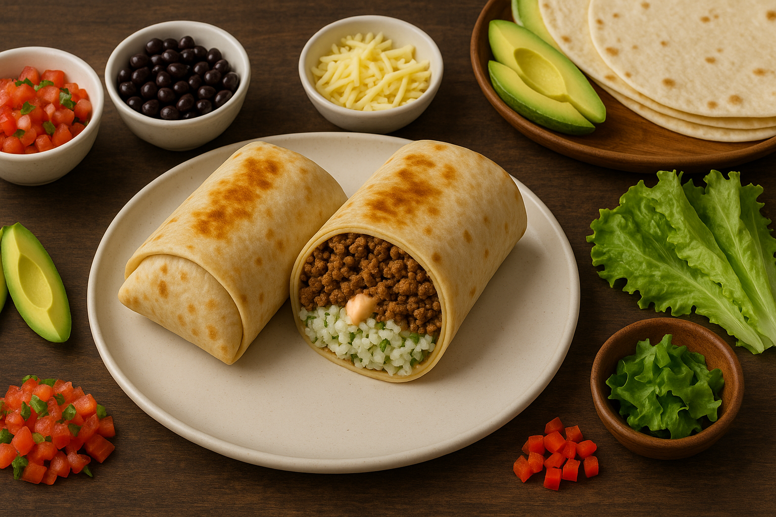Smoky Ground Beef Burritos with Lime Rice and Chipotle Crema